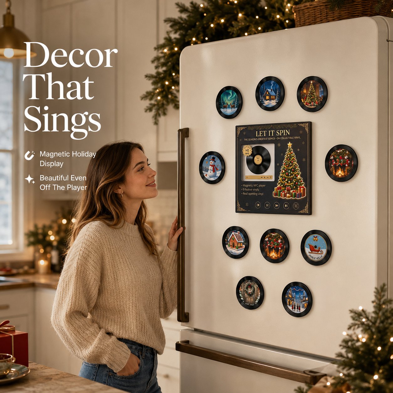 🎄 Mini Christmas Vinyl Music Player – 9 Records, Lights & Spinning Design