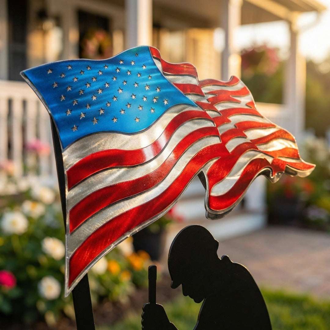 🏡 Honoring 250 Years of Liberty – Patriotic Garden Stake, Kneeling Soldier with American Flag 🎆✨