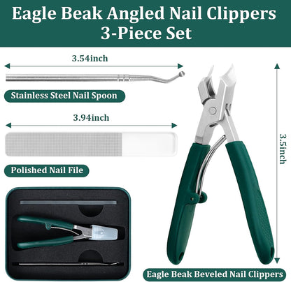 3Pcs Eagle-Beak Ingrown Toenail Clipper  – Ultra Sharp, Precision 30° Curved Blade, Splash-Proof