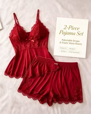 Women's Plain Lace Patchwork Bow Decor Cami Top & Shorts Pajama Set