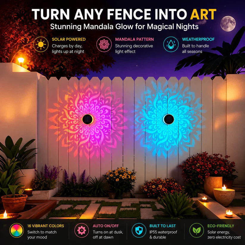 Solar Mandala Wall Light Outdoor Garden Fence Projector Lamp Patio Ambient Decor