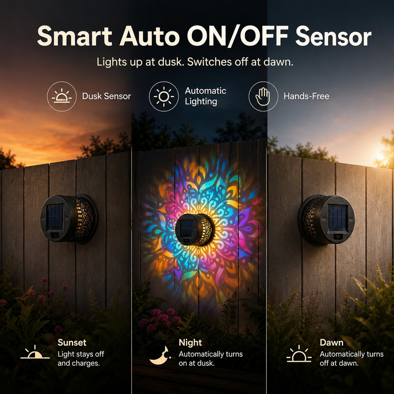 🌸Solar Mandala Wall Light Outdoor Garden Fence Projector Lamp Patio Ambient Decor