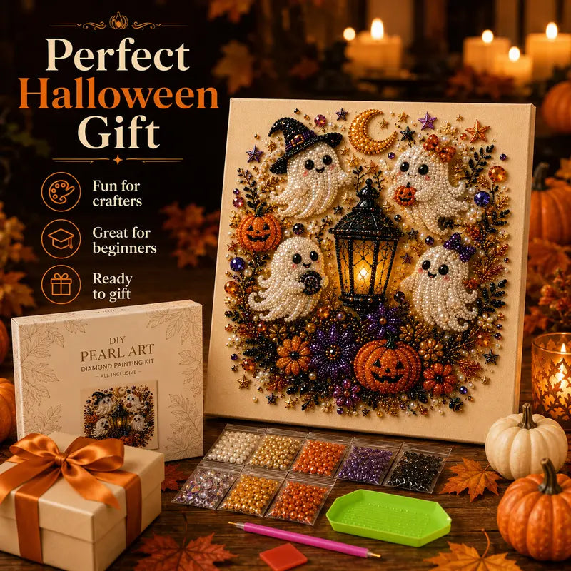 Spooky-Cute Ghost Pearl Art DIY Kit – 8" × 8" Halloween Diamond Painting