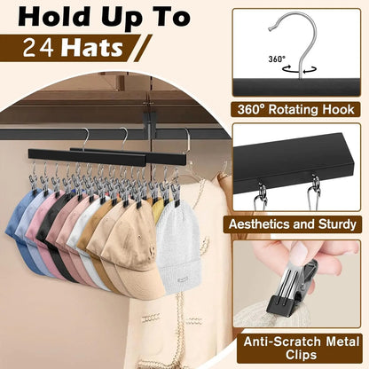 Wooden Hat Organizer with 12 Stainless Steel Clips Holds
