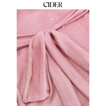 Cider V-Neck Halter Ruffled Tulle Glitter Mini Dress for Women