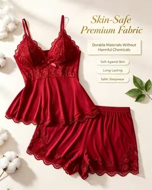 Women's Plain Lace Patchwork Bow Decor Cami Top & Shorts Pajama Set