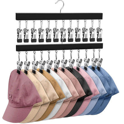 Wooden Hat Organizer with 12 Stainless Steel Clips Holds