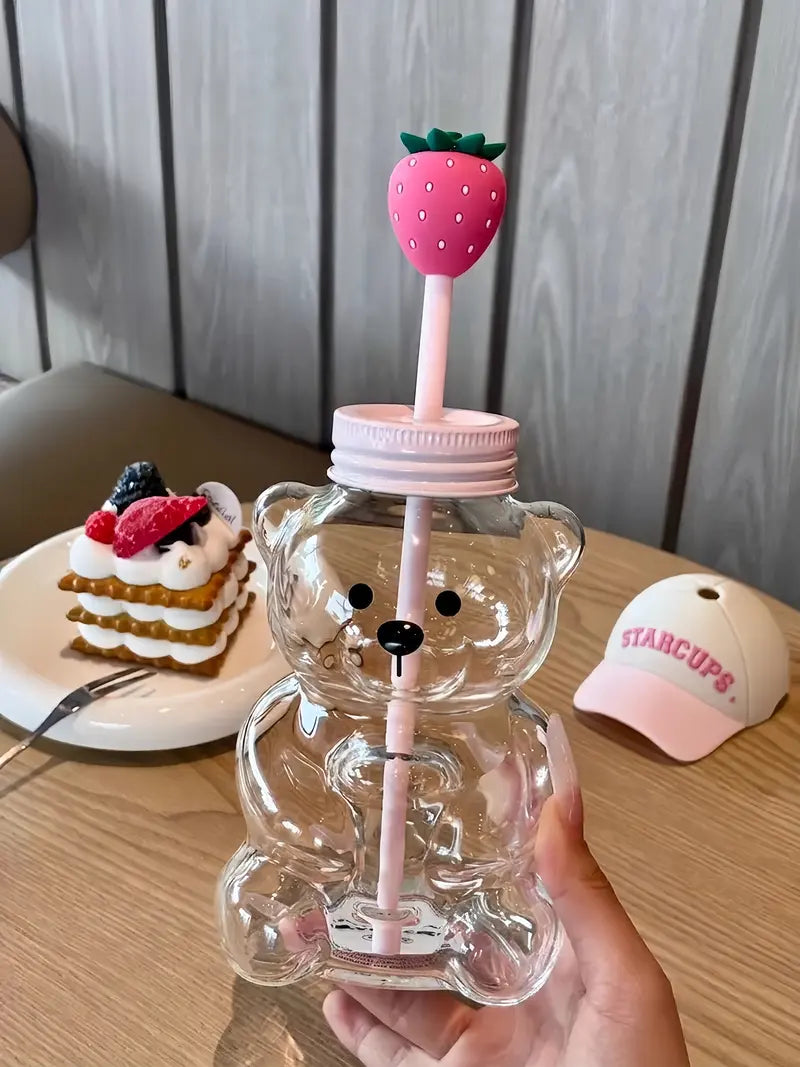 2026 New Cute Beaar Glass Tumbler with Bear Lid & Strawberry Straw