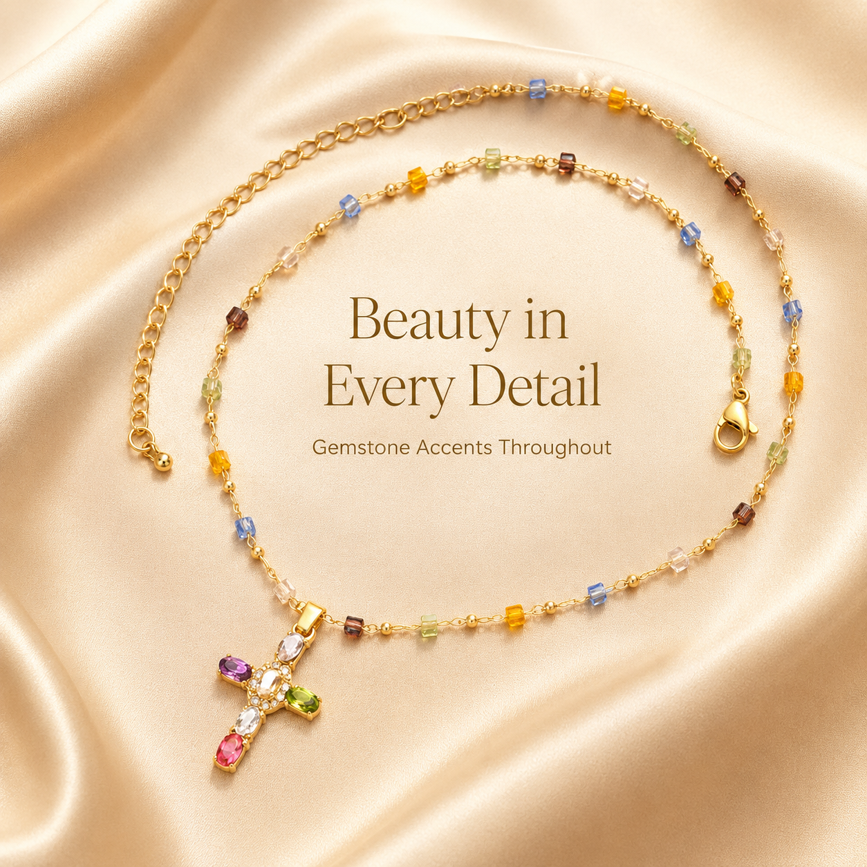 💎 Colored Gemstone Cross Necklace – Natural Gemstones, Handcrafted Jewelry of Faith