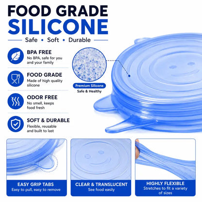 6 Pack Reusable Silicone Stretch Lids | Food-Grade Airtight Covers for Bowls, Pots, Fruits | BPA-Free Microwave & Freezer Safe