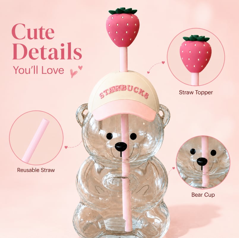 2026 New Cute Beaar Glass Tumbler with Bear Lid & Strawberry Straw