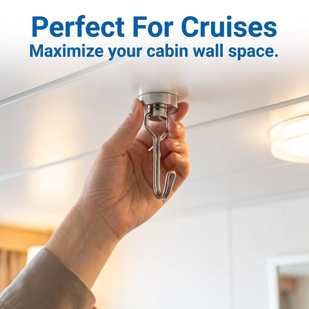 Magnetic swivel hook attached to cruise cabin wall