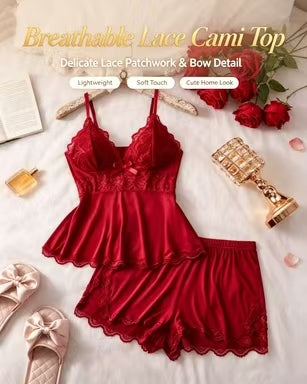 Women's Plain Lace Patchwork Bow Decor Cami Top & Shorts Pajama Set
