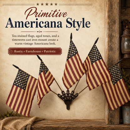 Five Tea-Stained Flags In A Rustic Cast Iron Wall Display