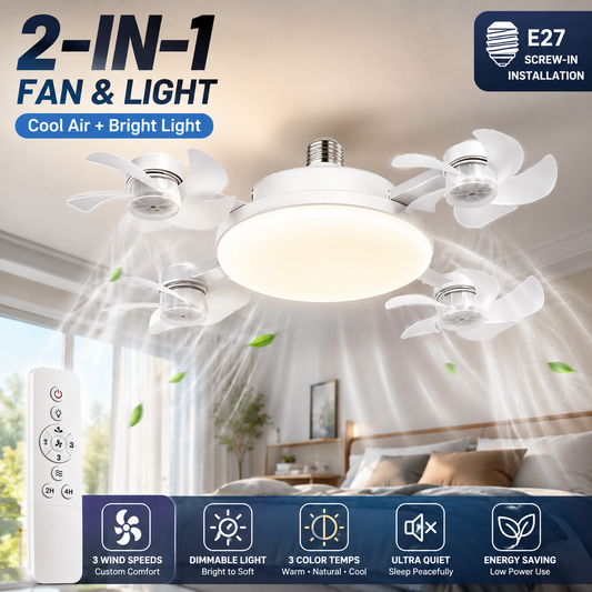 2026 New E27 Socket Ceiling Fan Light - 2-in-1 Silent LED Fan with Remote Control, Energy-Saving Cooling & Lighting Combo for Home Bedroom