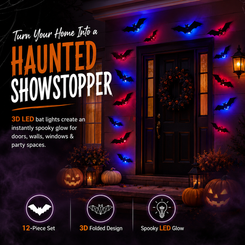 🔥Limited-Time 50% OFF🔥12Piece 3D LED Bat Lights | Halloween Wall Decorations