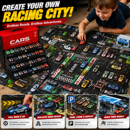 🚗 48PCS Pull-Back Alloy Racing Car Set | 4-Layer Garage Storage & Racing Track Play Mat 🎁（副本）