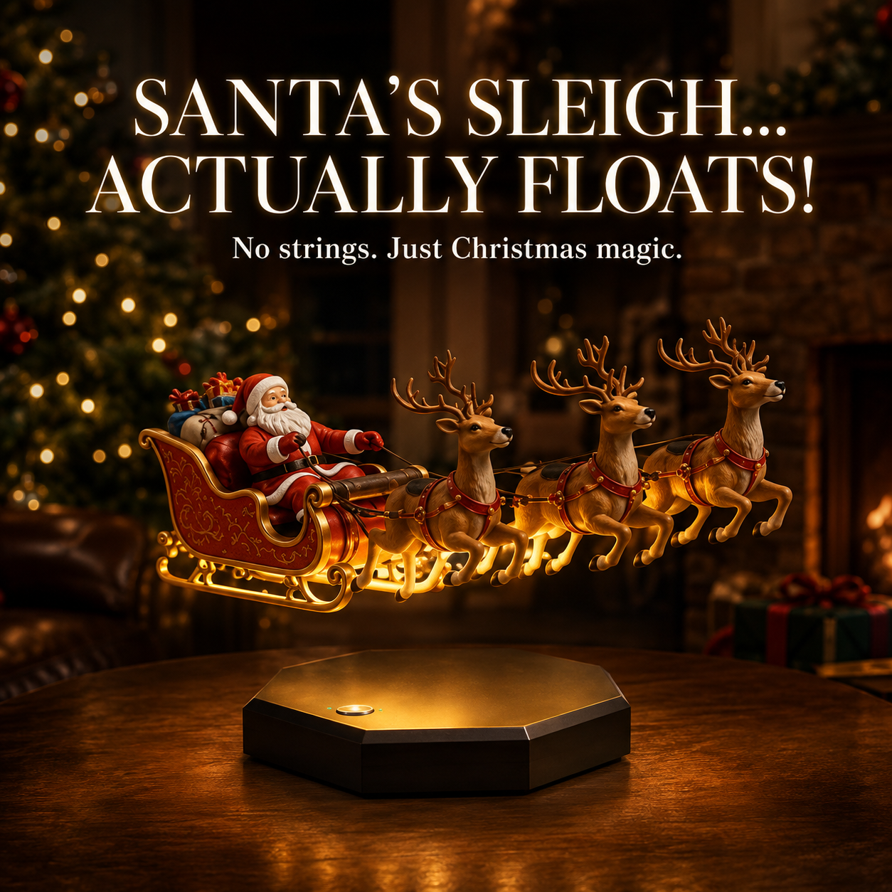 🎁🎅🏼Floating Santa Sleigh with 4 Reindeer-Magnetic Christmas Magic