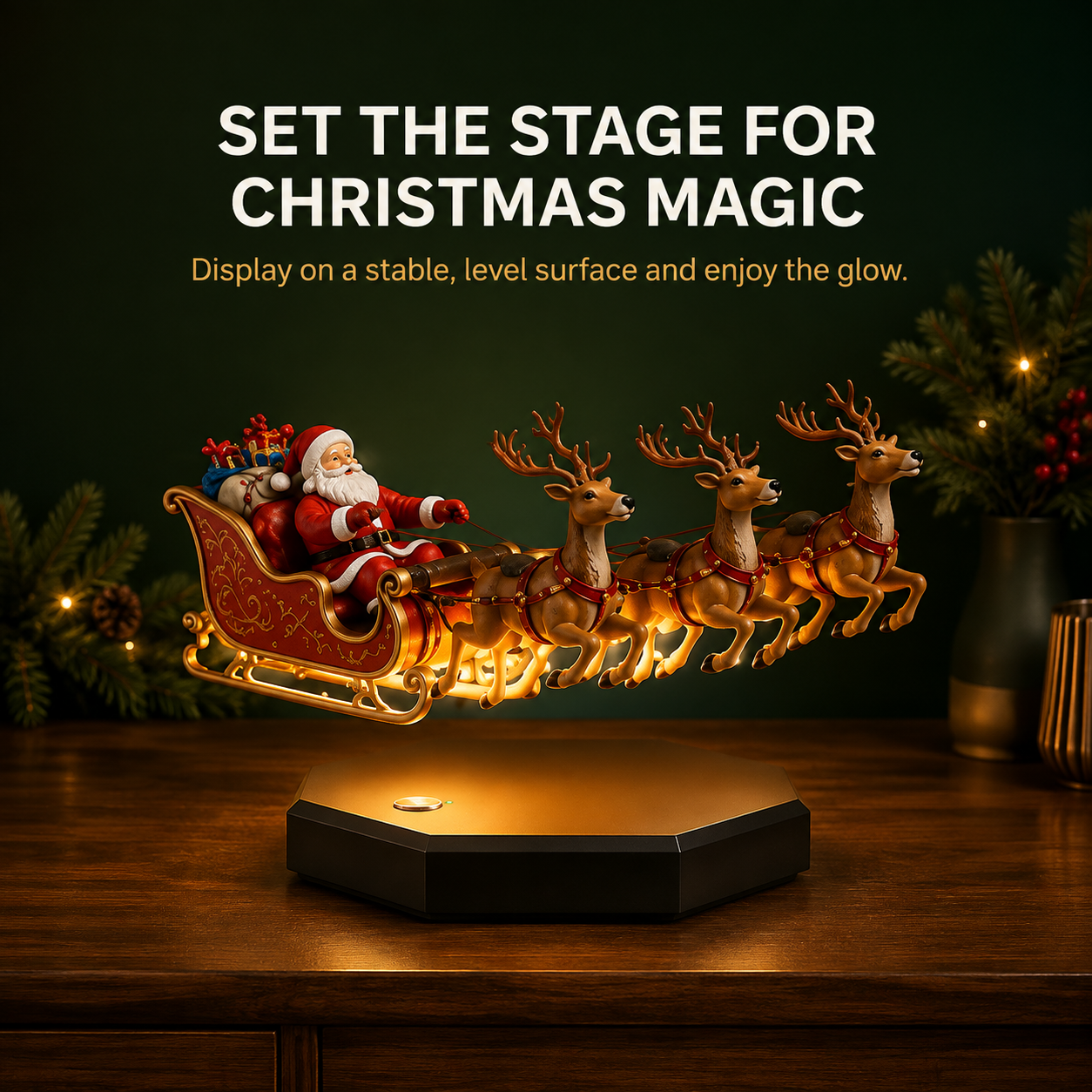 🎁🎅🏼Floating Santa Sleigh with 4 Reindeer-Magnetic Christmas Magic