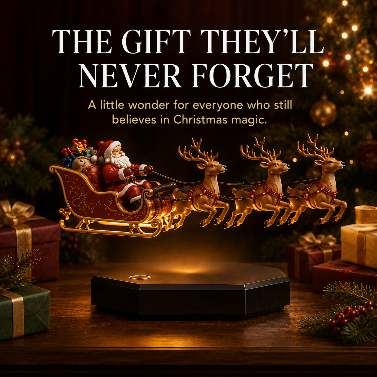 🎁🎅🏼Floating Santa Sleigh with 4 Reindeer-Magnetic Christmas Magic