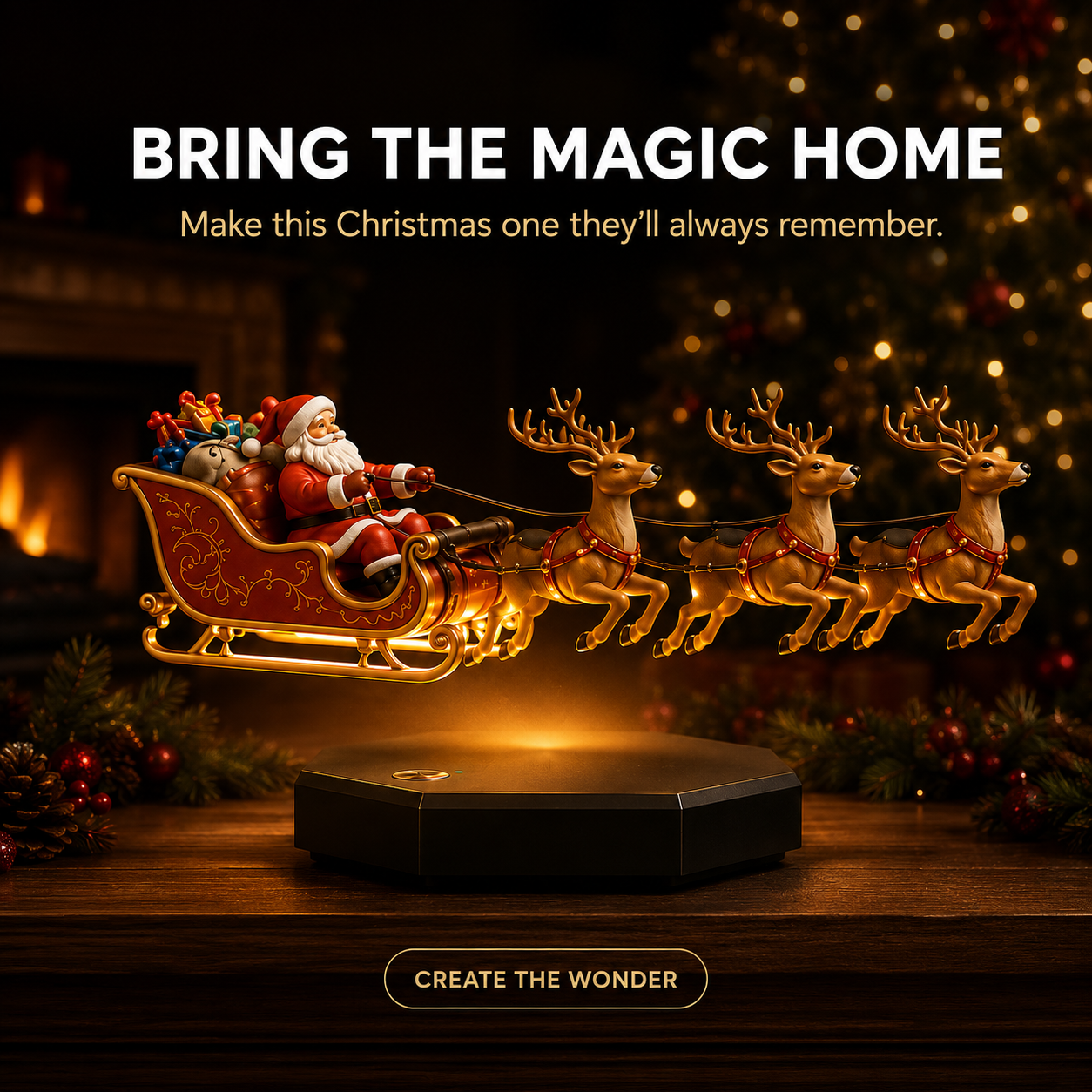 🎁🎅🏼Floating Santa Sleigh with 4 Reindeer-Magnetic Christmas Magic