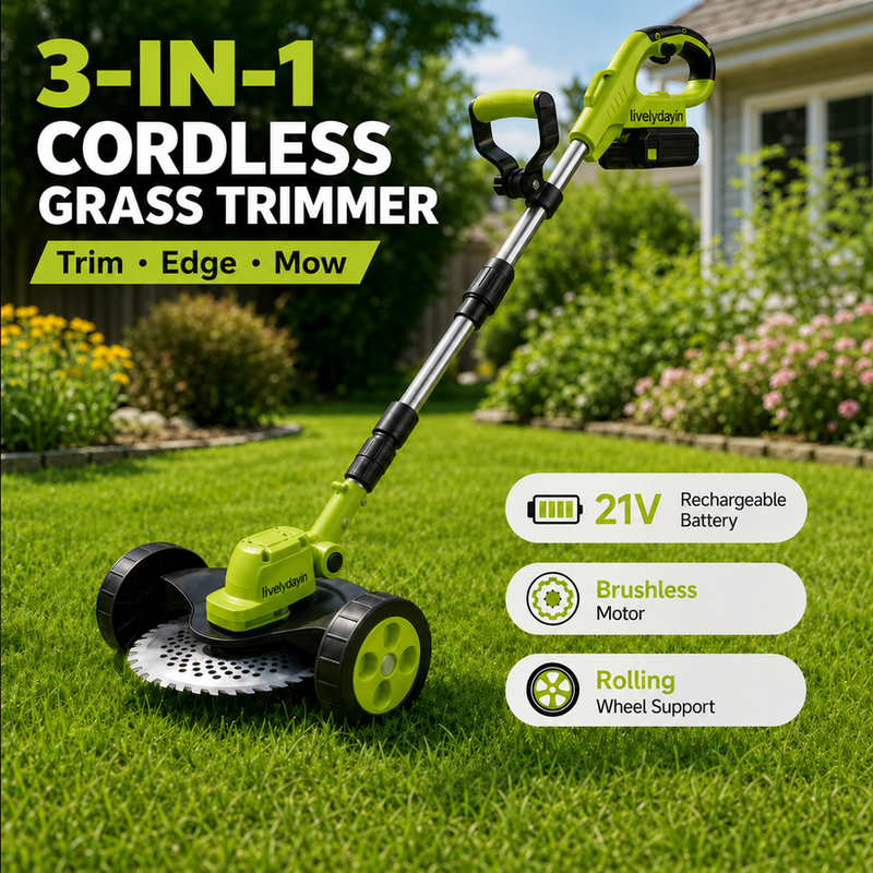 ⚡21V 3-in-1 Cordless String Trimmer, Edger & Mini Mower – 2 Batteries Included