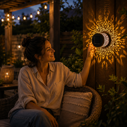 Solar Mandala Wall Light Outdoor Garden Fence Projector Lamp Patio Ambient Decor