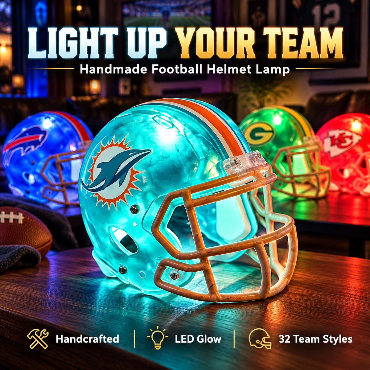 ⏳ Last day to save 49%🔥Handmade Football Helmet Lamp – LED Team Fan Cave Light with 32 Team Styles🎁