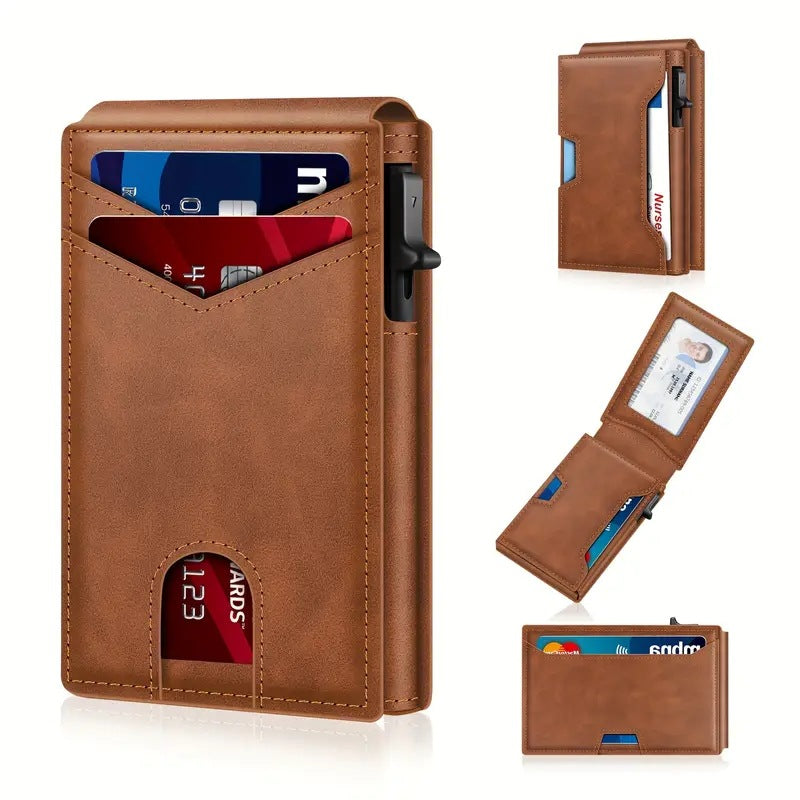 Wallet for Men- Pop Up Case, Cash Slot, and Credit Card Slot - Aluminum Wallet with RFID Blocking, Minimalist Leather Wallet Front Pocket with ID Window