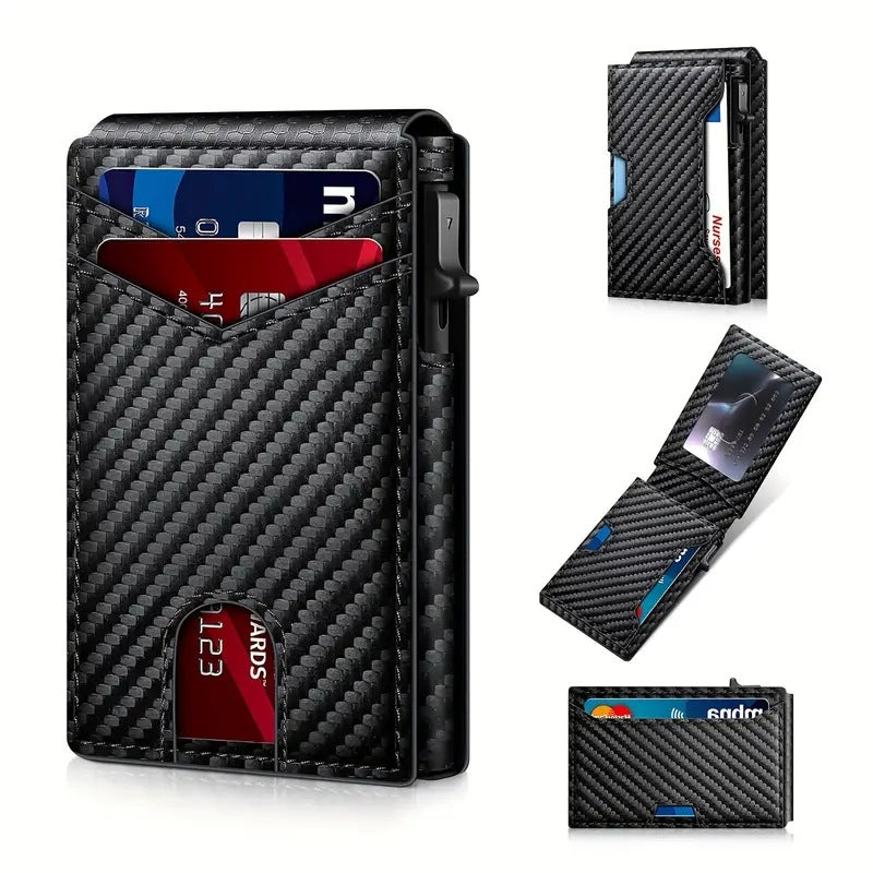 Wallet for Men- Pop Up Case, Cash Slot, and Credit Card Slot - Aluminum Wallet with RFID Blocking, Minimalist Leather Wallet Front Pocket with ID Window