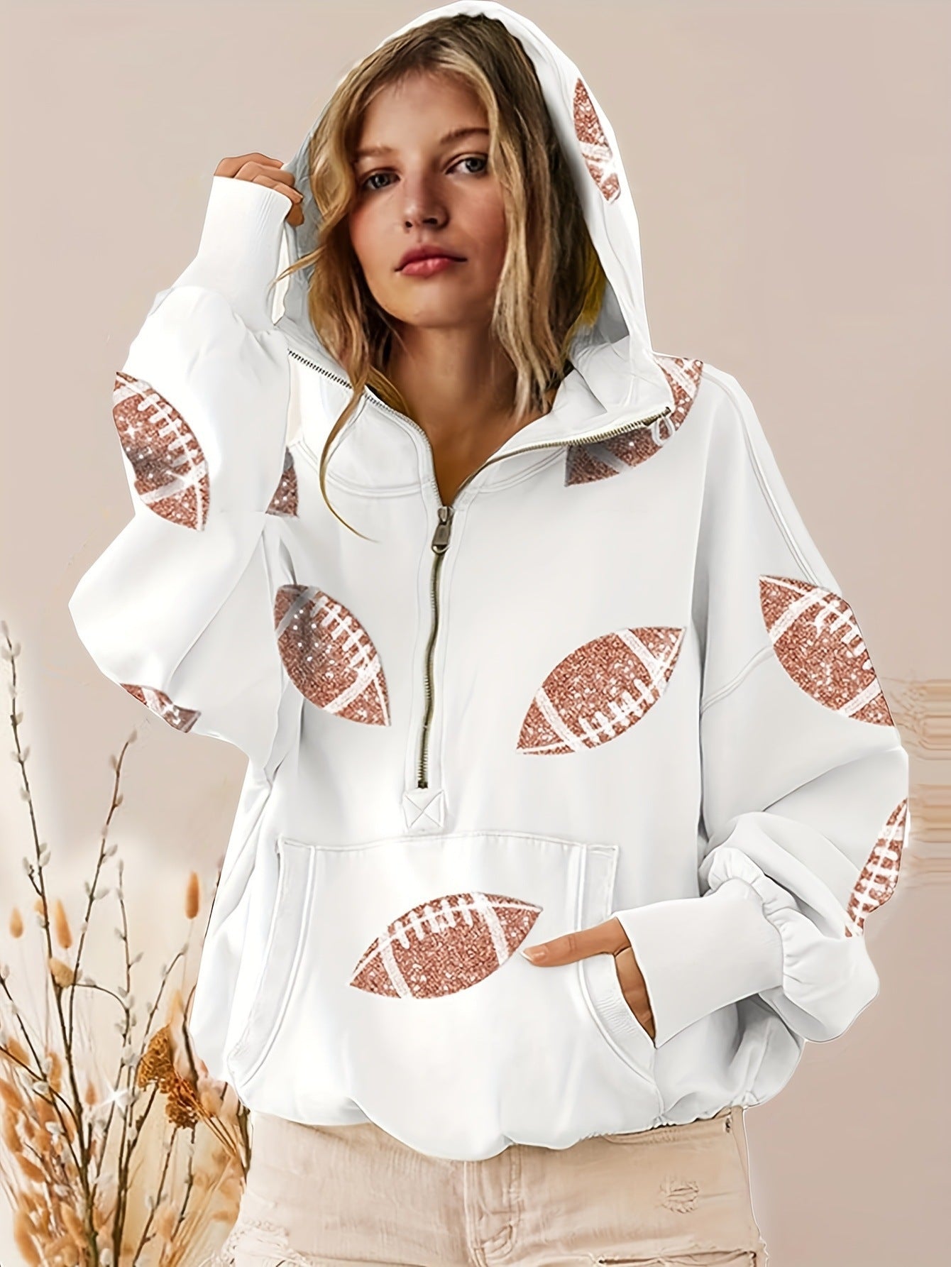 Ommig Women's Oversized Game Day Hoodie with Sequins