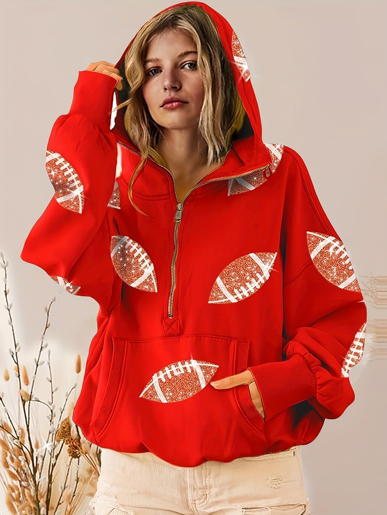 Ommig Women's Oversized Game Day Hoodie with Sequins