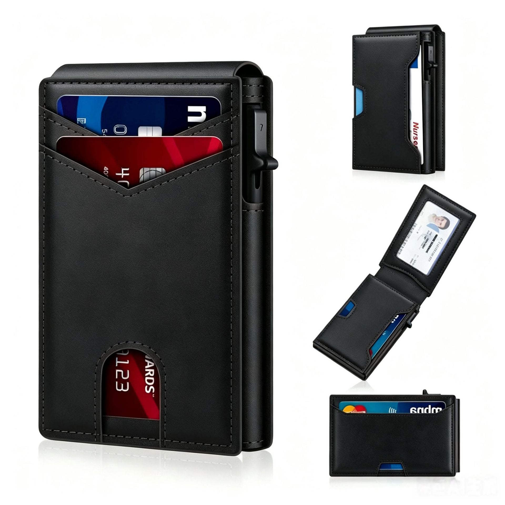 Wallet for Men- Pop Up Case, Cash Slot, and Credit Card Slot - Aluminum Wallet with RFID Blocking, Minimalist Leather Wallet Front Pocket with ID Window