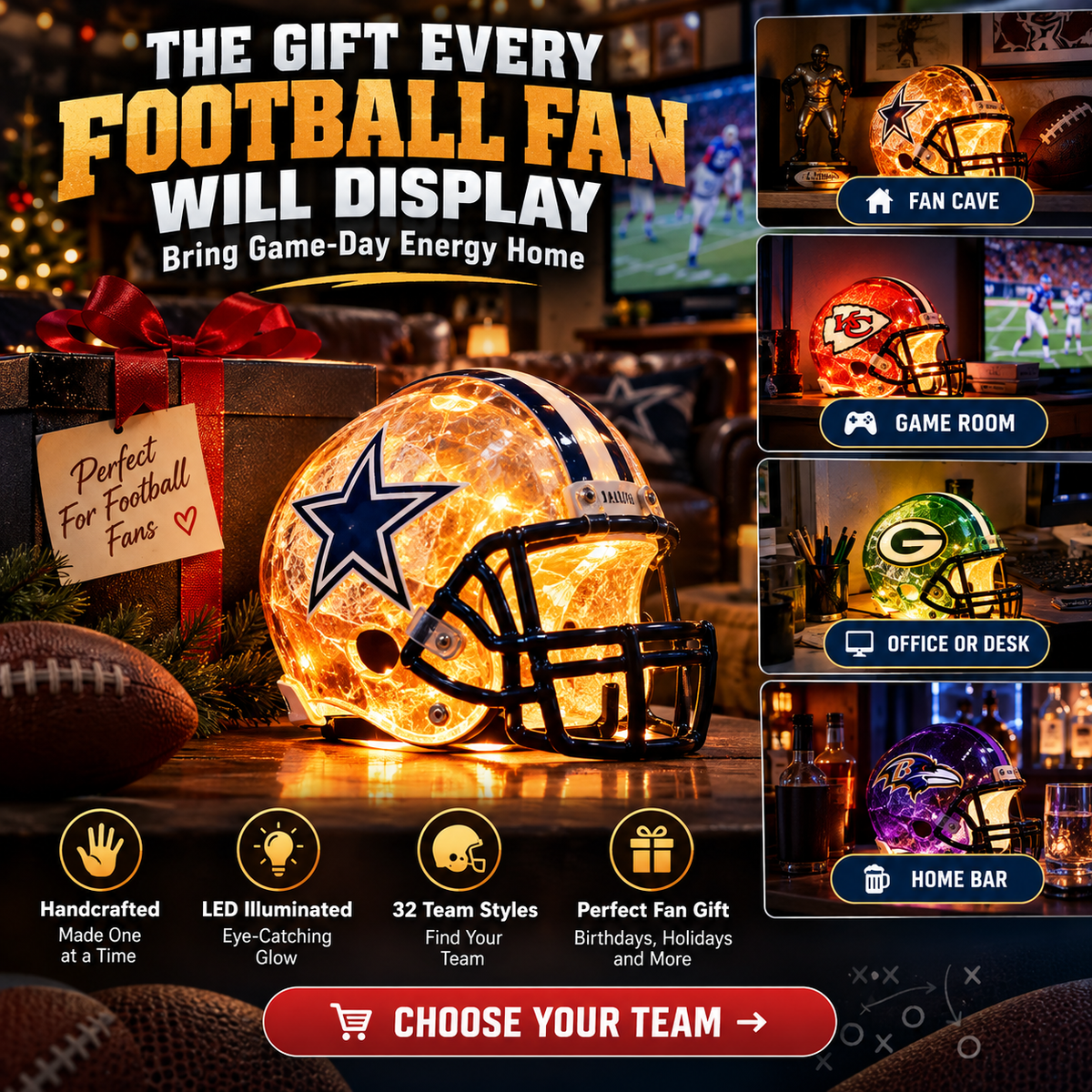 ⏳ Last day to save 49%🔥Handmade Football Helmet Lamp – LED Team Fan Cave Light with 32 Team Styles🎁