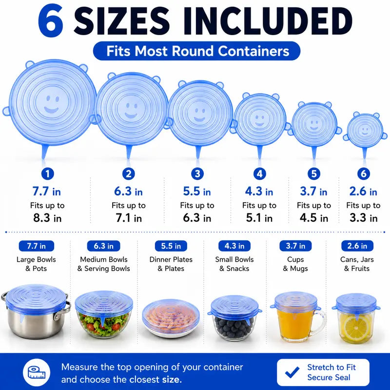 6 Pack Reusable Silicone Stretch Lids | Food-Grade Airtight Covers for Bowls, Pots, Fruits | BPA-Free Microwave & Freezer Safe