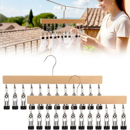 Wooden Hat Organizer with 12 Stainless Steel Clips Holds