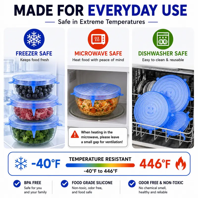 6 Pack Reusable Silicone Stretch Lids | Food-Grade Airtight Covers for Bowls, Pots, Fruits | BPA-Free Microwave & Freezer Safe