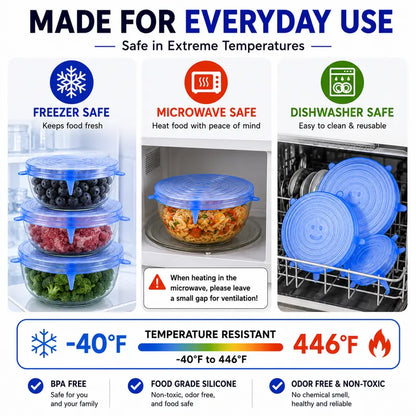 6 Pack Reusable Silicone Stretch Lids | Food-Grade Airtight Covers for Bowls, Pots, Fruits | BPA-Free Microwave & Freezer Safe