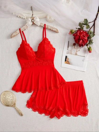 Women's Plain Lace Patchwork Bow Decor Cami Top & Shorts Pajama Set