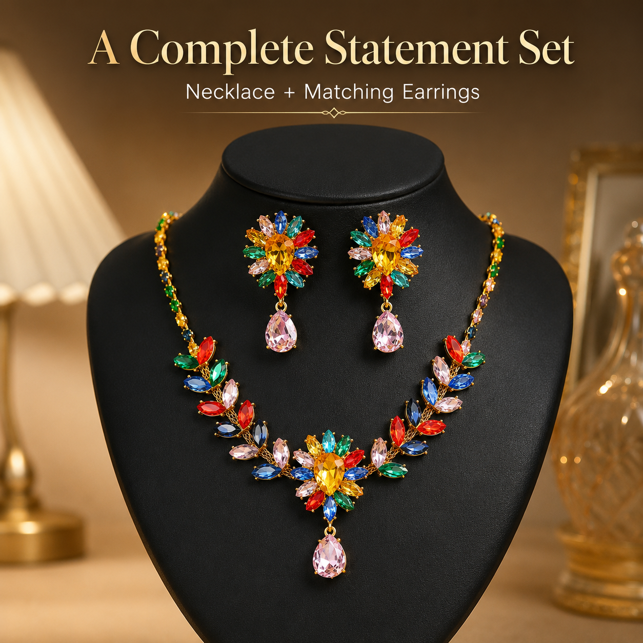 💎 2026 Crystal Zircon Flower Jewelry Set – Necklace + Earrings, Luxury Gift