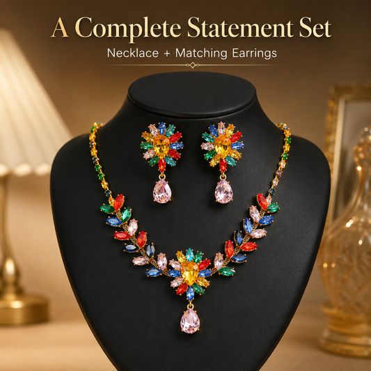 💎 2026 Crystal Zircon Flower Jewelry Set – Necklace + Earrings, Luxury Gift