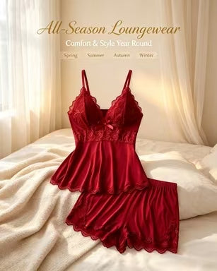 Women's Plain Lace Patchwork Bow Decor Cami Top & Shorts Pajama Set