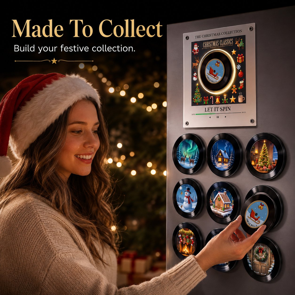 🎄 Mini Christmas Vinyl Music Player – 9 Records, Lights & Spinning Design
