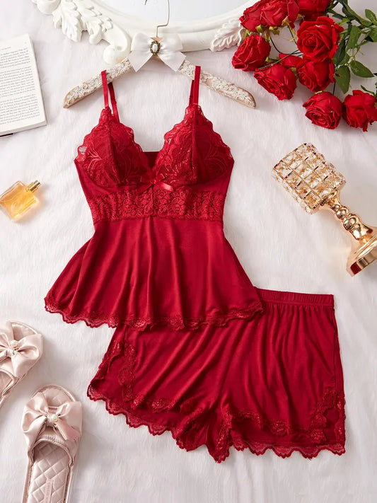 Women's Plain Lace Patchwork Bow Decor Cami Top & Shorts Pajama Set