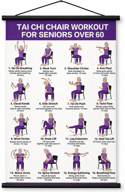 Chair Tai Chi Workout Poster for Seniors – 16 Seated Exercises for Balance & Flexibility (16×24 in)