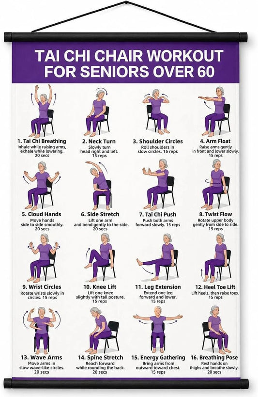 Chair Tai Chi Workout Poster for Seniors – 16 Seated Exercises for Balance & Flexibility (16×24 in)