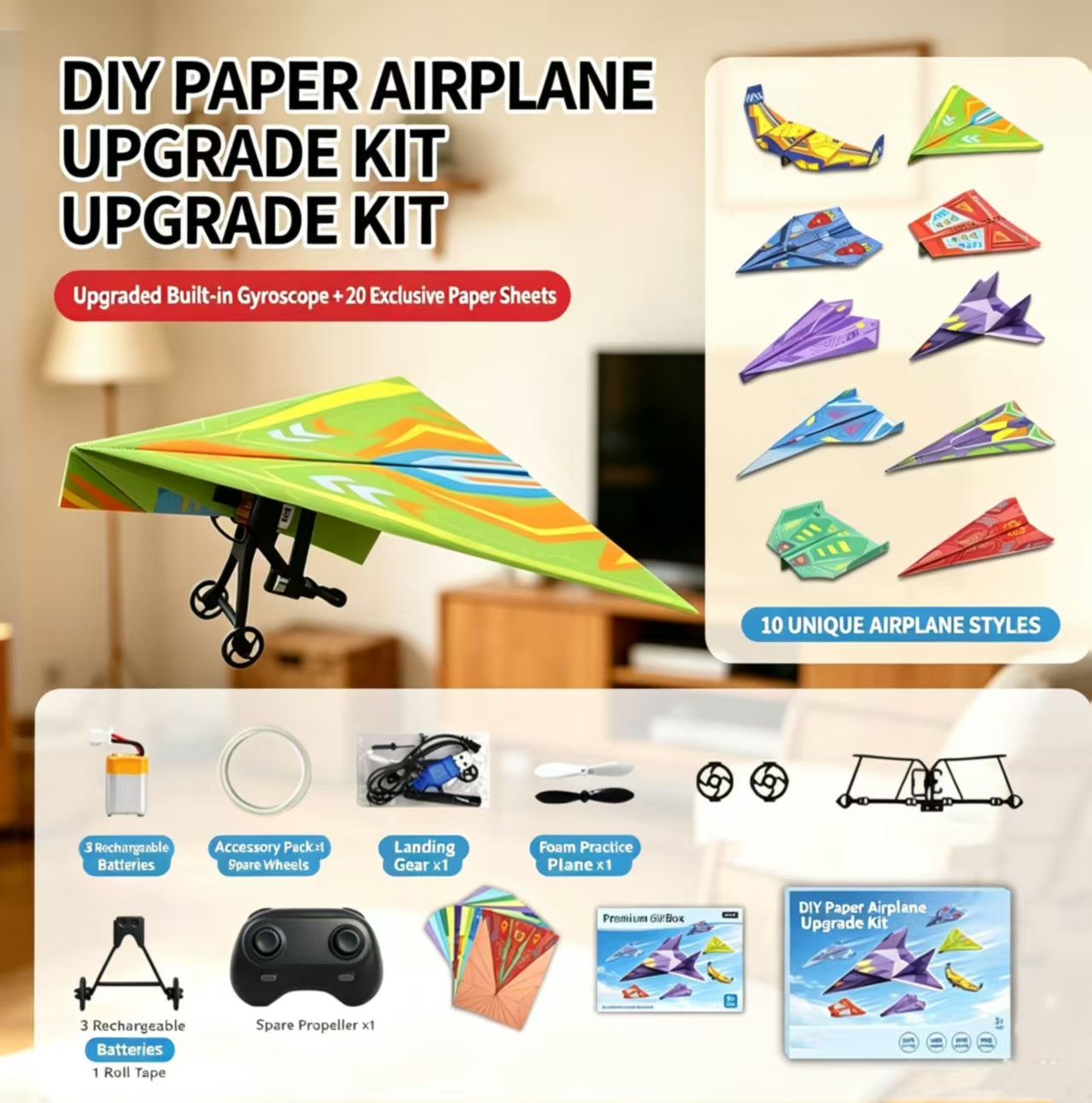 ✈New Upgraded Version RC Powered Paper Airplane Kit | Gyro Stabilized DIY Flying Toy(Colored Paper Included)