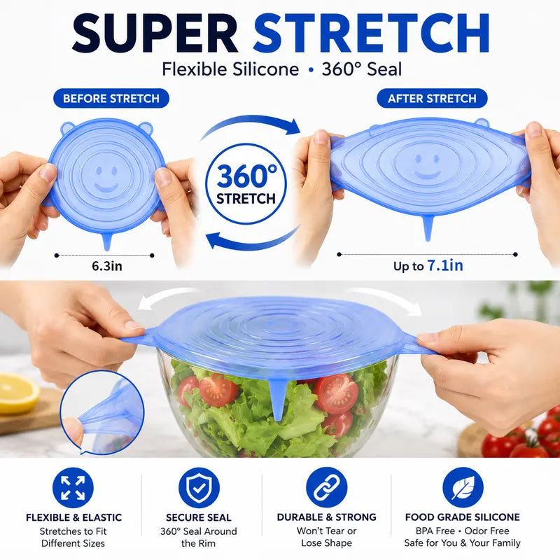 6 Pack Reusable Silicone Stretch Lids | Food-Grade Airtight Covers for Bowls, Pots, Fruits | BPA-Free Microwave & Freezer Safe