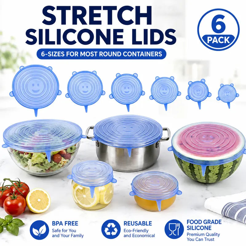 6 Pack Reusable Silicone Stretch Lids | Food-Grade Airtight Covers for Bowls, Pots, Fruits | BPA-Free Microwave & Freezer Safe