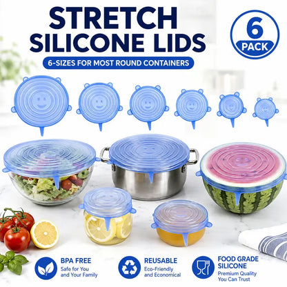 6 Pack Reusable Silicone Stretch Lids | Food-Grade Airtight Covers for Bowls, Pots, Fruits | BPA-Free Microwave & Freezer Safe